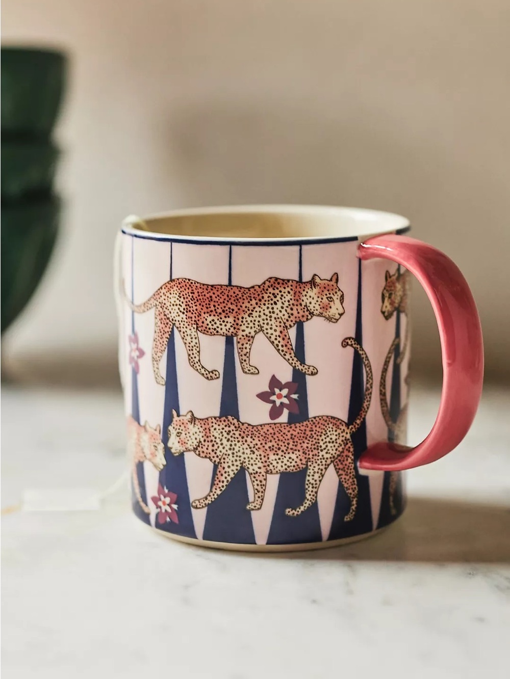 Anthropologie Maeve Leopard Cheetah Handpainted Stoneware Mug Pink